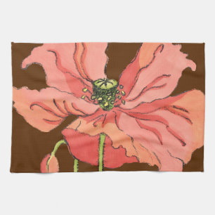 深紅の背景が付いている大きいピンクの花 キッチンタオル