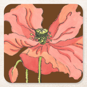 深紅の背景が付いている大きいピンクの花 スクエアペーパーコースター