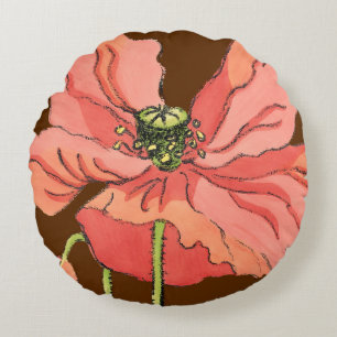 深紅の背景が付いている大きいピンクの花 ラウンドクッション