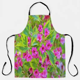 深紅の花が咲く美しい緑のワイゲラ エプロン