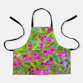 深紅の花が咲く美しい緑のワイゲラ エプロン