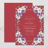 深紅の華やかな春の結婚式 招待状 (正面/裏面)