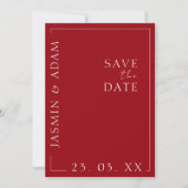 深紅の赤と白のタイポグラフィ結婚式Save the Date セーブザデート (正面)