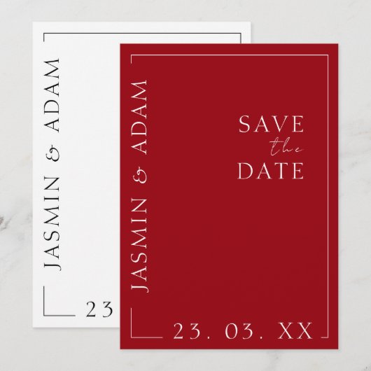 深紅の赤と白のタイポグラフィ結婚式Save the Date セーブザデート (正面/裏面)