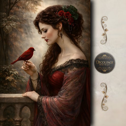 深紅の鳥の貴婦人肖像画デコパージュ 薄葉紙