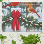 深紅色とクリスマスバードフィーダー キッチンタオル (折り畳み)