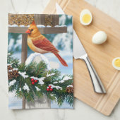深紅色とクリスマスバードフィーダー キッチンタオル (四つ折り)