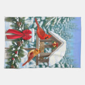 深紅色とクリスマスバードフィーダー キッチンタオル (横)