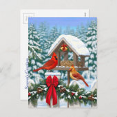 深紅色とクリスマスバードフィーダー シーズンポストカード (正面/裏面)