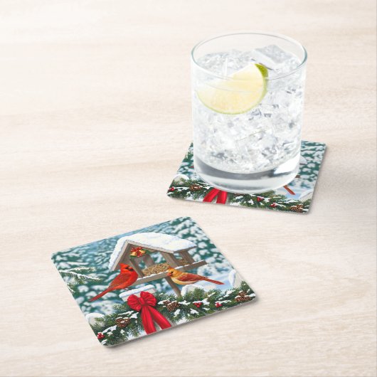 深紅色とクリスマスバードフィーダー スクエアペーパーコースター (インサイチュ)
