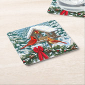 深紅色とクリスマスバードフィーダー スクエアペーパーコースター (アングル)