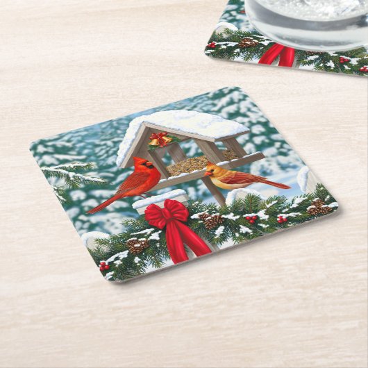 深紅色とクリスマスバードフィーダー スクエアペーパーコースター (アングル)