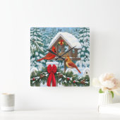 深紅色とクリスマスバードフィーダー スクエア壁時計 (ホーム)