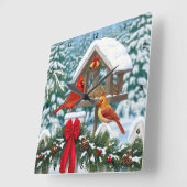 深紅色とクリスマスバードフィーダー スクエア壁時計 (傾斜)