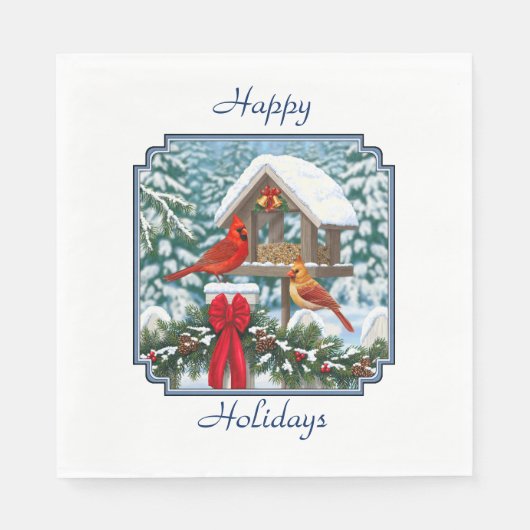 深紅色とクリスマスバードフィーダー スタンダードランチョンナプキン (正面)