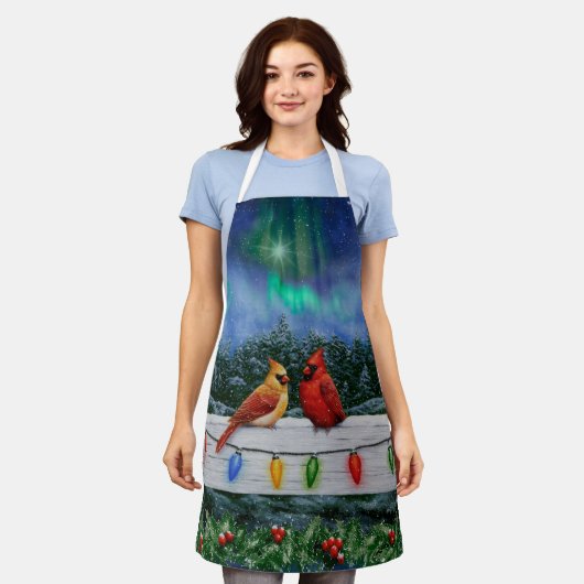 深紅色とクリスマスライト冬の雪 エプロン (着用した状態)