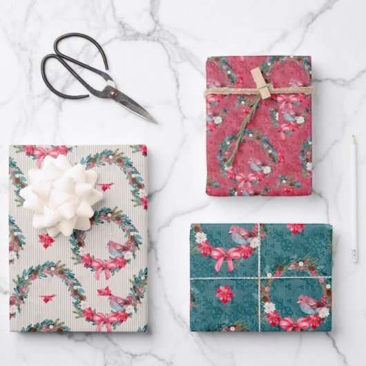 深紅色とクリスマスリース ラッピングペーパーシート (正面)