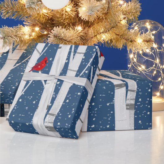 深紅色とスノーフールオン樺の木 ラッピングペーパー (クリスマス)