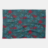 深紅色と針葉樹、冬の休日パターン キッチンタオル (横)