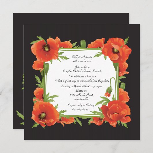深紅色のケシのカップルのウェディングシャワーの招待状 招待状 (正面/裏面)