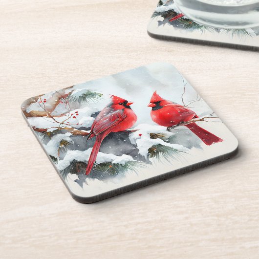 深紅色の木の枝のクリスマスウィンターシーン コースター (左側)
