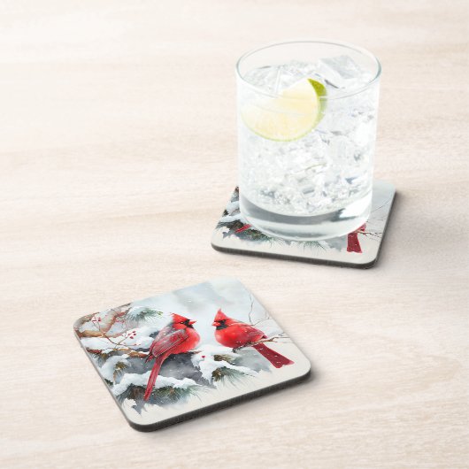 深紅色の木の枝のクリスマスウィンターシーン コースター (右側)