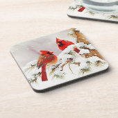 深紅色の木の枝のクリスマスウィンターシーン コースター (左側)