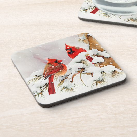 深紅色の木の枝のクリスマスウィンターシーン コースター (左側)