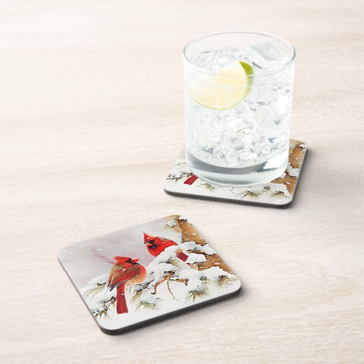 深紅色の木の枝のクリスマスウィンターシーン コースター (右側)