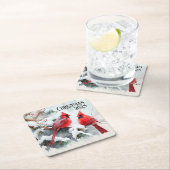 深紅色の木の枝のクリスマスウィンターシーン スクエアペーパーコースター (インサイチュ)