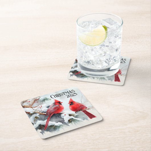 深紅色の木の枝のクリスマスウィンターシーン スクエアペーパーコースター (インサイチュ)