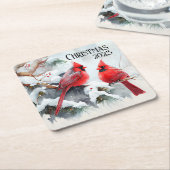 深紅色の木の枝のクリスマスウィンターシーン スクエアペーパーコースター (アングル)