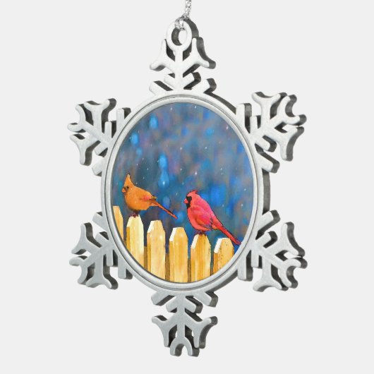 深紅色オン絵画フェンスオリジナル- Art スノーフレークピューターオーナメント (右)