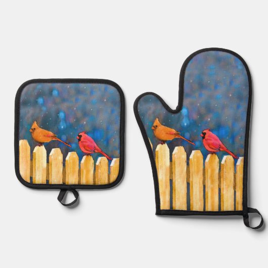 深紅色オン・フェンスイン冬絵を描のオリジナル・アート 鍋つかみ&鍋敷きセット (正面)