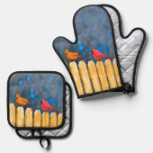 深紅色オン・フェンスイン冬絵を描のオリジナル・アート 鍋つかみ&鍋敷きセット (正面/裏面)