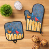 深紅色オン・フェンスイン冬絵を描のオリジナル・アート 鍋つかみ&鍋敷きセット (トップダウン)