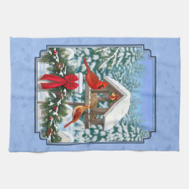 深紅色クリスマスフェスティブルブルー キッチンタオル