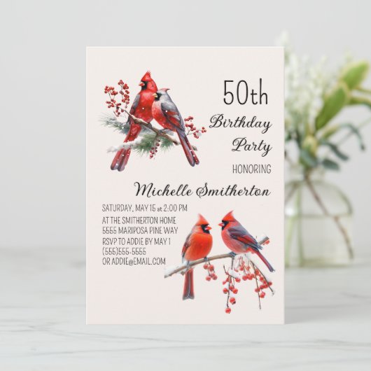 深紅色スノー冬の鳥50誕生日 招待状 (スタンド正面)