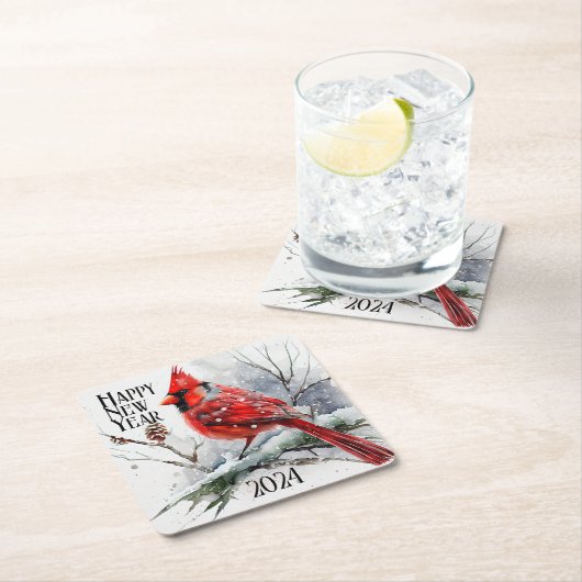 深紅色ズオンツリーブランチin冬のシーン新年 スクエアペーパーコースター (インサイチュ)