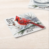 深紅色ズオンツリーブランチin冬のシーン新年 スクエアペーパーコースター (アングル)