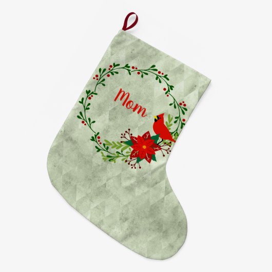 深紅色リース パーソナライズされた ラージクリスマスストッキング (正面 (吊り時))