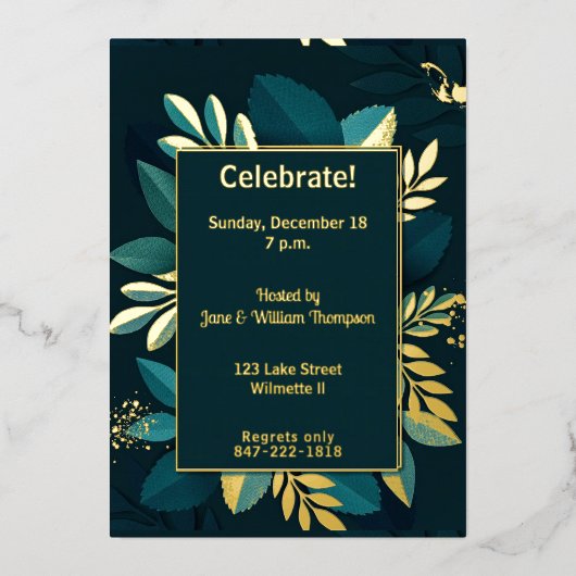 深緑の葉の金箔 箔招待状 (正面)