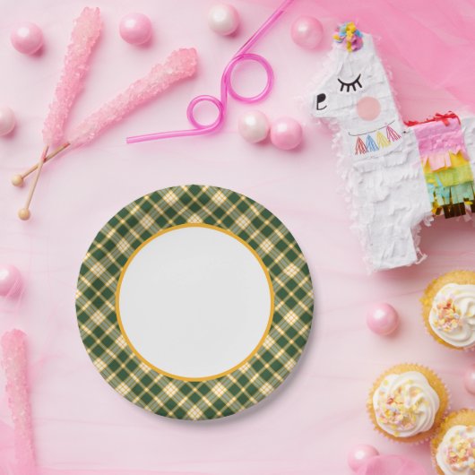 深緑色およびイエロー・ゴールドのスポーティな格子縞のボーダー ペーパープレート (パーティー)