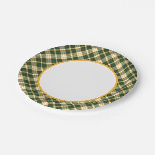 深緑色およびイエロー・ゴールドのスポーティな格子縞のボーダー ペーパープレート (アングル)