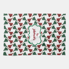 深緑色および赤いクリスマスツリーパターン キッチンタオル