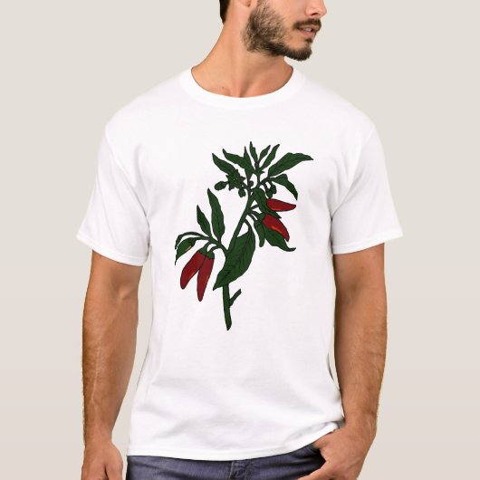 深緑色の植物の赤いチリペッパー Tシャツ (正面)