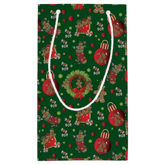 深緑色の背景のクリスマスのジンジャーブレッドマン スモールペーパーバッグ (裏面)