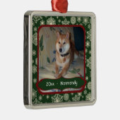 深緑色の雪片のパーソナライズな写真の正方形 メタルオーナメント (右)