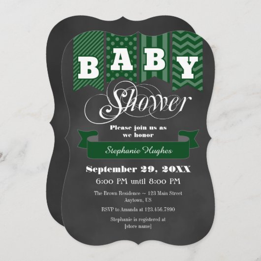 深緑色の黒板の旗のベビーシャワーの招待 招待状 (正面/裏面)