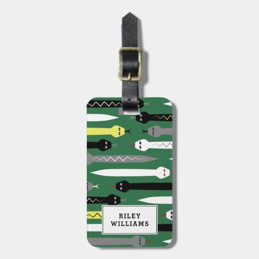 深緑色クールなヘビパターン-あなたの名前を加えて下さい ラゲッジタグ (正面縦)